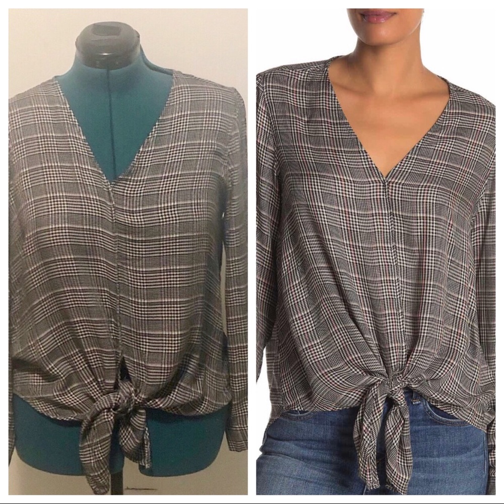 Max Studio Tie Waist Plaid Blouse, Size Medium